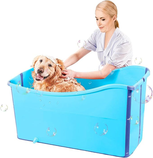 Portable Dog Bathtub for Large Dogs - 48.4Gal Foldable Pet Wash Station with Drain Plug, Insulated & Non-Slip Design for Indoor/Outdoor Bathing, Grooming, Camping(Blue)