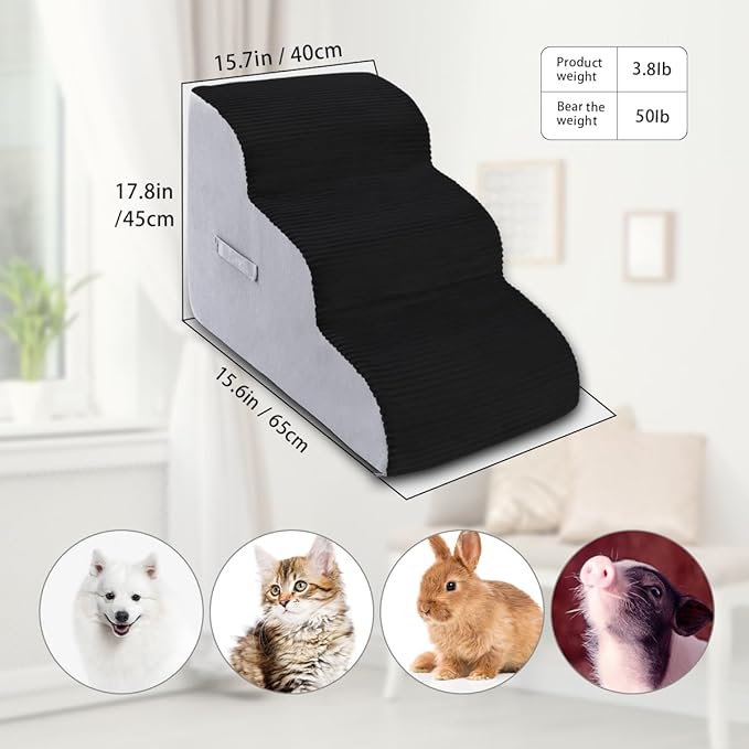 High Density Foam Dog Stairs Steps, Non-Slip Extra Wide Deep Pet Steps for Beds Or Couches, for Injured or Older Pets Dogs and Cats with Joint Pain (3-Tiers (Black))