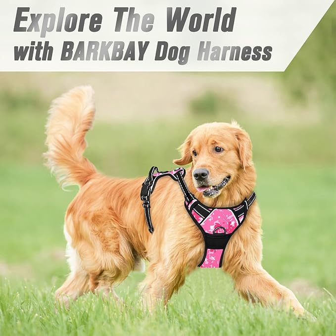 BARKBAY No Pull Dog Harness Front Clip Heavy Duty Reflective Easy Control Handle for Large Dog Walking(Pink camo,L)