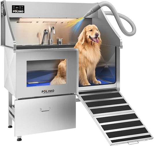polimo Dog Washing Station with Dryer & LED, Professional Stainless Steel Grooming Tub, Dog Bathtub for Large, Medium & Small Dog, w/Window, Ramp, Drawer, Floor Grate &Fauct (Right RAMP & Dryer, 50")