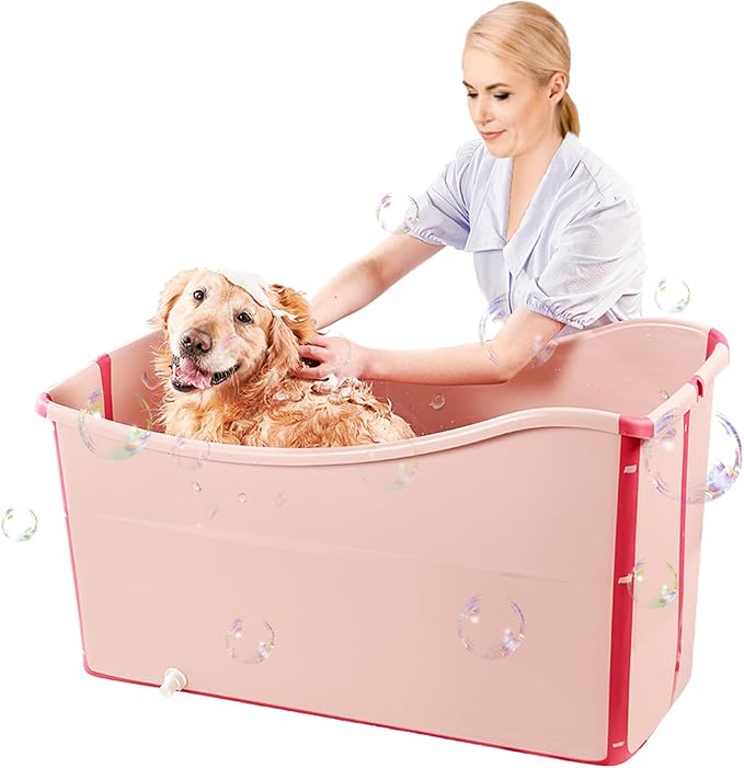Portable Dog Bathtub for Large Dogs - 48.4Gal Foldable Pet Wash Station with Drain Plug, Insulated & Non-Slip Design for Indoor/Outdoor Bathing, Grooming, Camping(Pink)