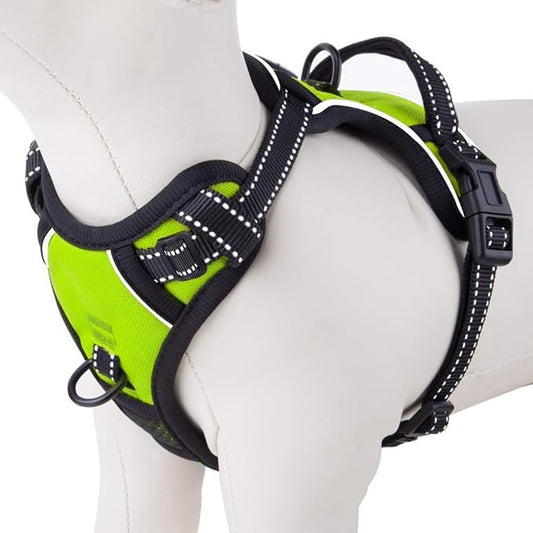 PHOEPET Reflective Dog Harness No Pull Large Breed Vest with 2 Metal Leash Attachment Hooks(XL, Green)