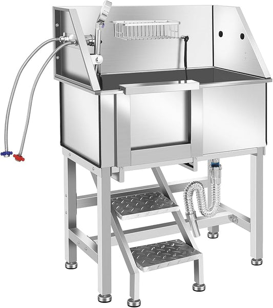 Professional Stainless Steel Dog Grooming Bathtub Station Wash Shower Sink with Faucet Walk-in Ramp and Accessories Pet Grooming Bathtub Station,34" L-RAMP