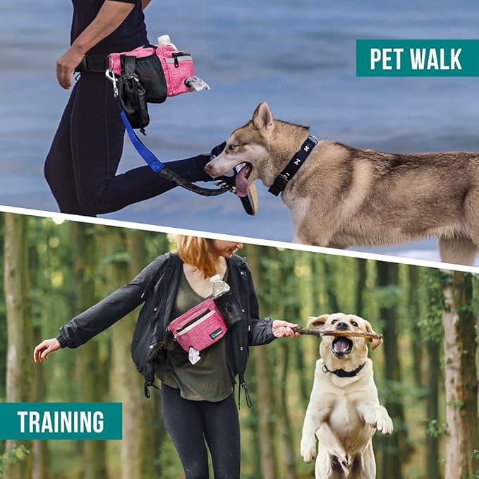 PetAmi Dog Fanny Pack, Treat Pouch for Dog Walking, Training, Built in Poop Bag Dispenser, Water Bottle Holder, Collapsible Bowl, Pet Treat Waist Belt for Hiking, Running, Kibbles (Pink)