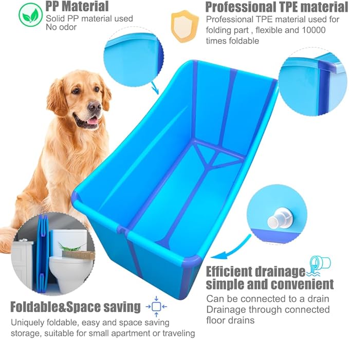 Portable Dog Bathtub for Large Dogs - 48.4Gal Foldable Pet Wash Station with Drain Plug, Insulated & Non-Slip Design for Indoor/Outdoor Bathing, Grooming, Camping(Blue)