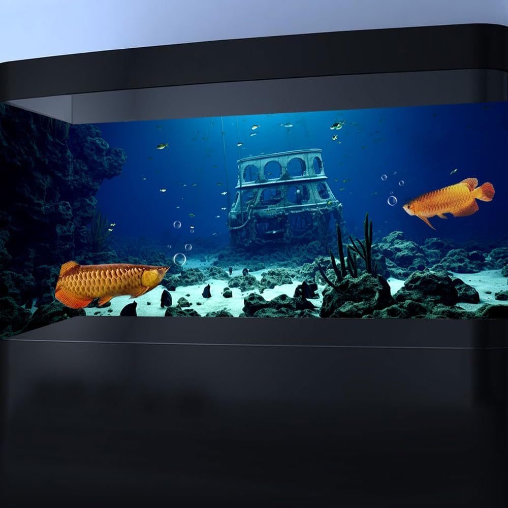 48X24IN Natural Underwater Aquarium Background, Pictures 3D Fish Reef Fish Tank Decoration Background, with 8 EVA Double-Sided Tape