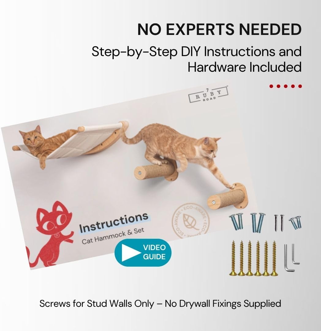 7 Ruby Road Cat Hammock Wall Mounted Shelf with Two Steps Set - Wall Shelves and Perches for Sleeping, Playing, Climbing and Lounging - Modern Cat Bed & Furniture for Indoor and Large Cats or Kitty