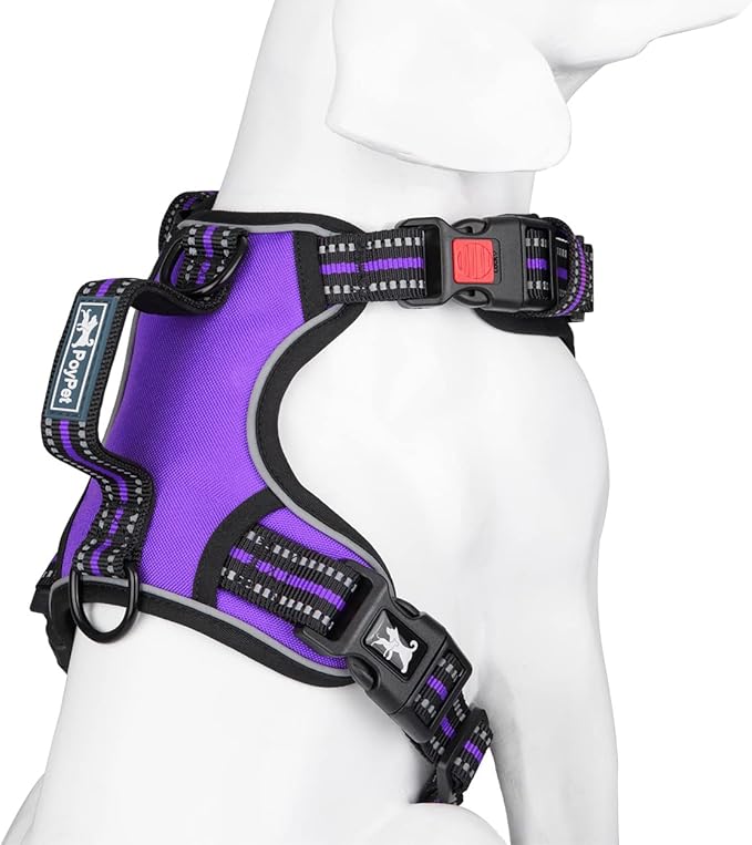 PoyPet No Pull Dog Harness, No Choke Front Clip Reflective Dog Vest with Soft Padded Vertical Handle, 3 Leash Attachments for Small Medium Large Dogs (Purple,L)
