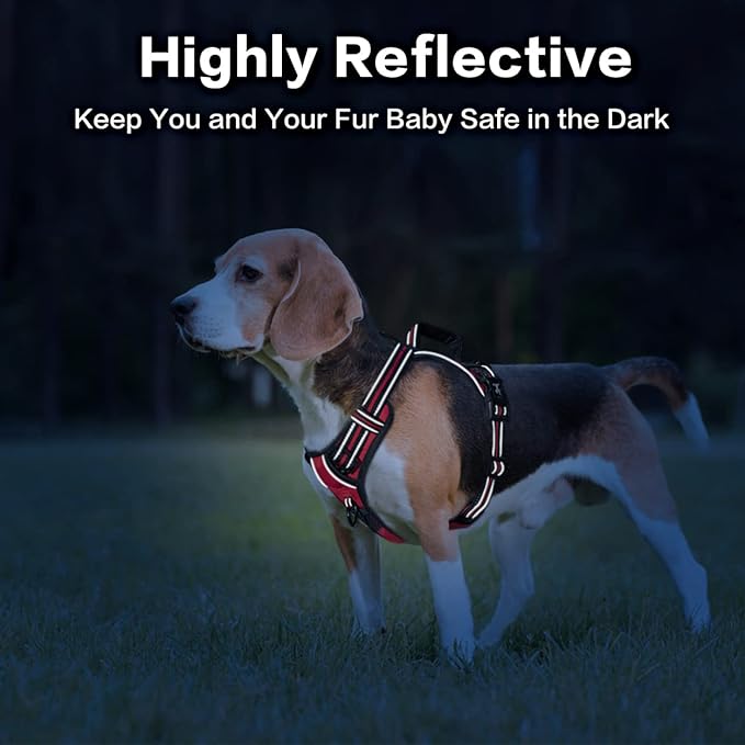 PoyPet No Pull Dog Harness, No Choke Front Clip Reflective Dog Vest with Soft Padded Vertical Handle, 3 Leash Attachments for Small Medium Large Dogs (Red,XL)