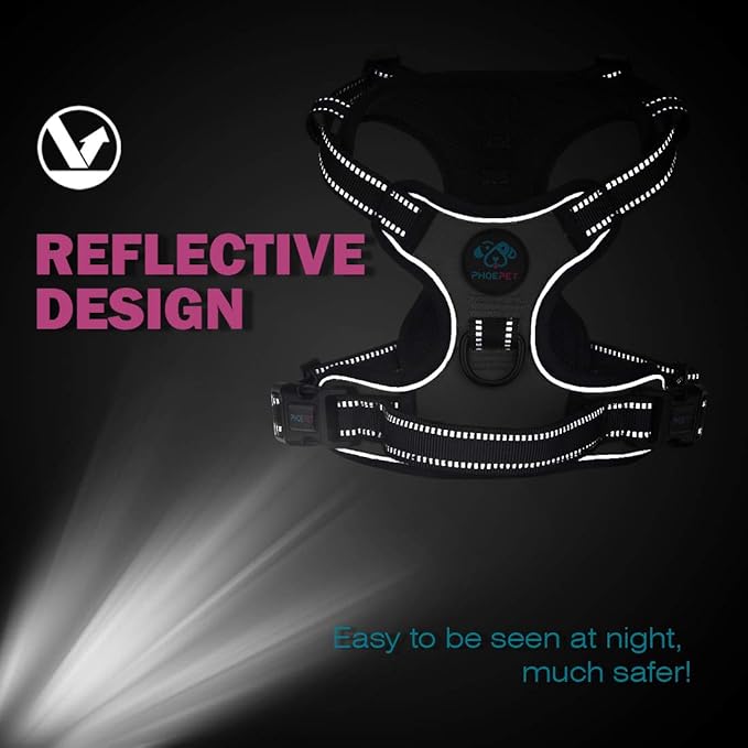 PHOEPET No Pull Dog Harness Medium Reflective Front Clip Vest with Handle,Adjustable 2 Metal Rings 2 Buckles(L, Grey)