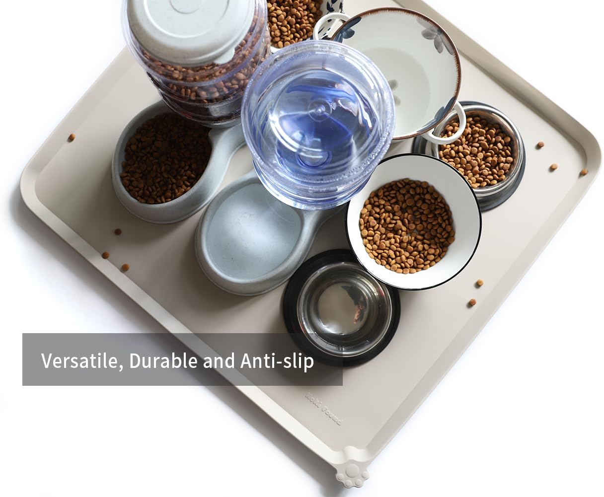 Hoki Found XX-Large Silicone Pet Feeding Mats - Non Slip Dog Cat Bowl Placemats - Waterproof for Carpet - Cream Brown