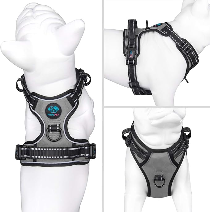 PHOEPET No Pull Dog Harness Medium Reflective Front Clip Vest with Handle,Adjustable 2 Metal Rings 2 Buckles(XL, Grey)