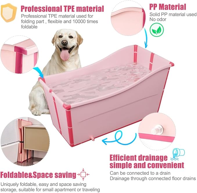 Portable Dog Bathtub for Large Dogs - 48.4Gal Foldable Pet Wash Station with Drain Plug, Insulated & Non-Slip Design for Indoor/Outdoor Bathing, Grooming, Camping(Pink)