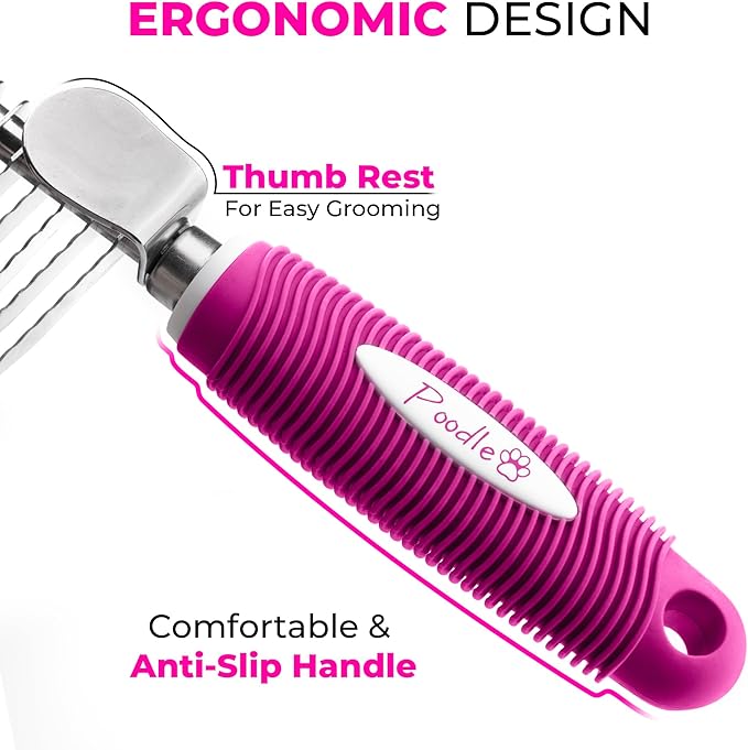 Poodle Dematting Fur Rake Comb Brush for Dogs and Cats - Long 2.5" Steel Safety Blades Metal Comb for Detangling Matted or Knotted Undercoat Hair