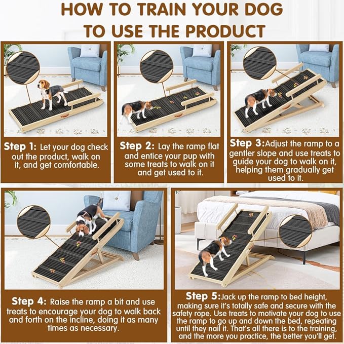 Dog Ramp for Couch, Bed or Car, Wooden 44" Long Pet Stairs for Small & Large Old Dogs & Cats, Hold up to 200lb, 5 Adjustable Height from 14.96" to 22", Portable Doggie Steps, Excellent Traction