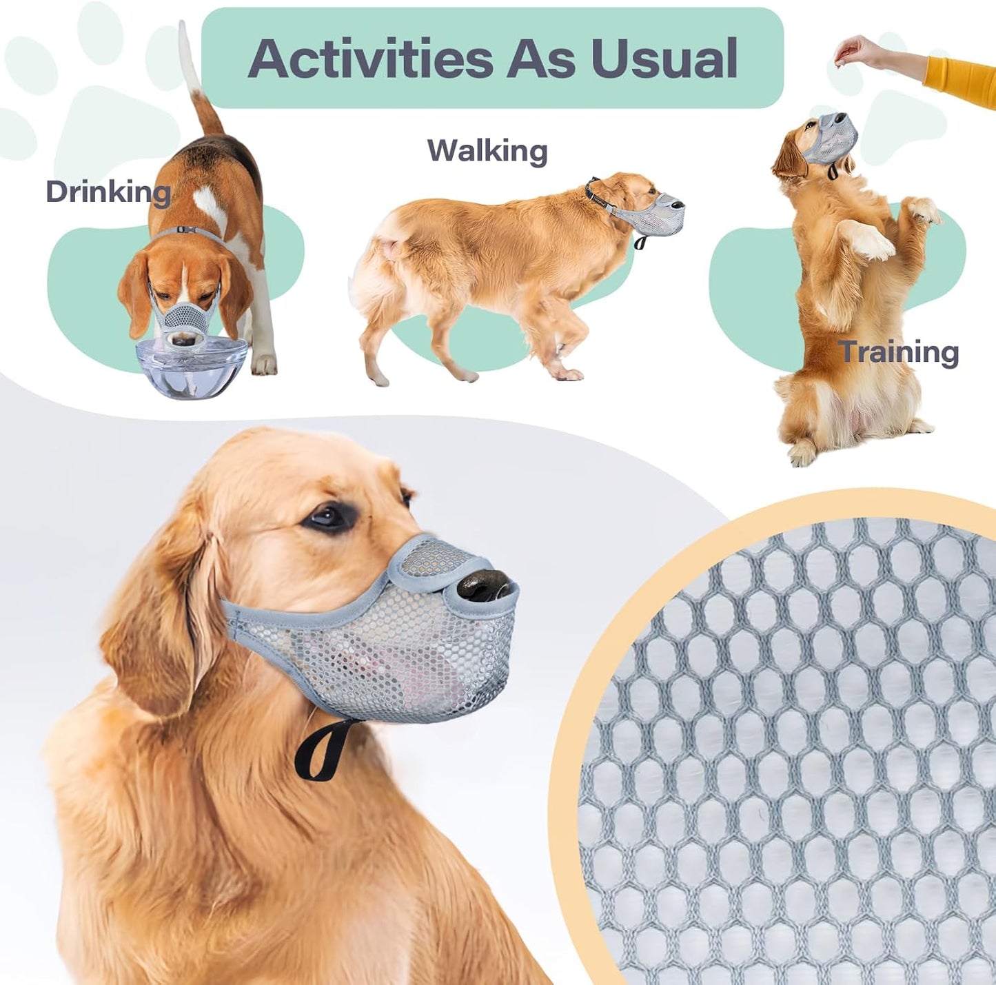 LUCKYPAW Dog Muzzle for Large Medium Small Dogs, Patented Mesh Muzzle to Prevent Biting Chewing Eating, Soft Mouth Guard with Front Opening Design for Drinking Panting(Grey, XL)