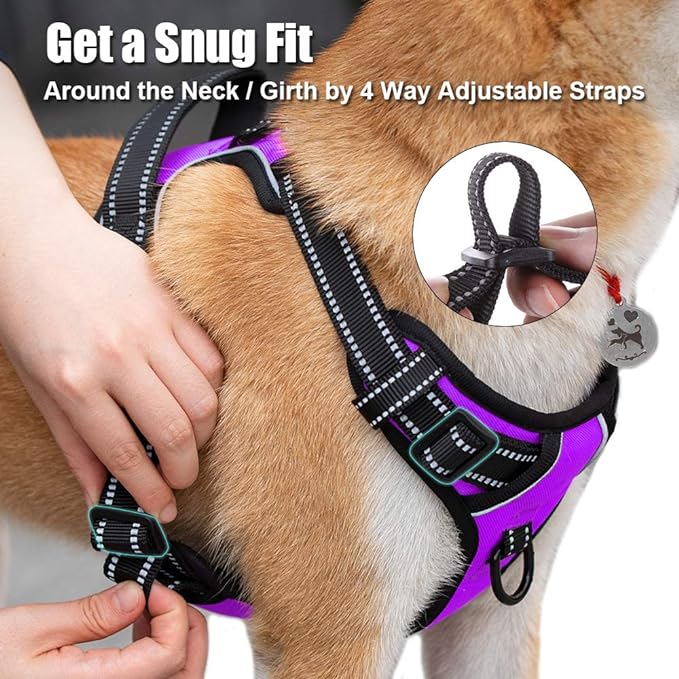PoyPet No Pull Dog Harness, Reflective Comfortable Vest Harness with Front & Back 2 Leash Attachments and Easy Control Handle Adjustable Soft Padded Pet Vest for Small to Large Dogs (Purple,XL)