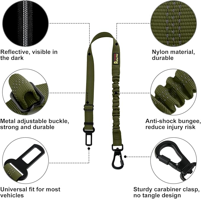 Plutus Pet Dog Seat Belt for Car, Adjustable Dog Car Harness with Carabiner Clip, Reflective Safety Dog Seatbelt Leash with Elastic Bungee, Ranger Green