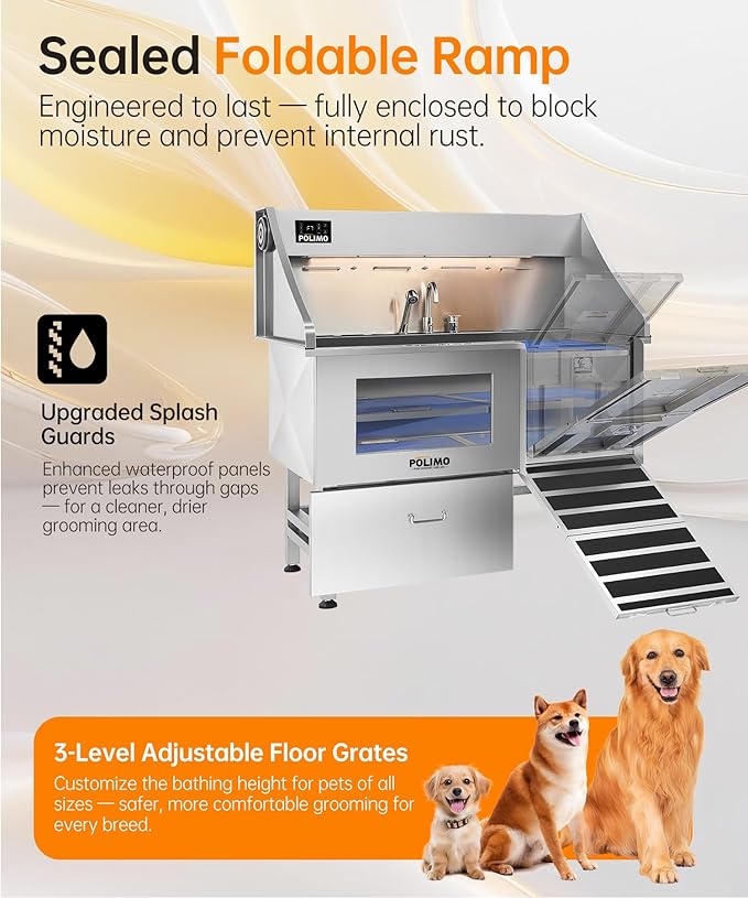 polimo Dog Washing Station with Dryer & LED, Professional Stainless Steel Grooming Tub, Dog Bathtub for Large, Medium & Small Dog, w/Window, Ramp, Drawer, Floor Grate &Fauct (Right RAMP & Dryer, 50")