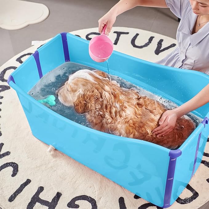 Portable Dog Bathtub for Large Dogs - 48.4Gal Foldable Pet Wash Station with Drain Plug, Insulated & Non-Slip Design for Indoor/Outdoor Bathing, Grooming, Camping(Blue)