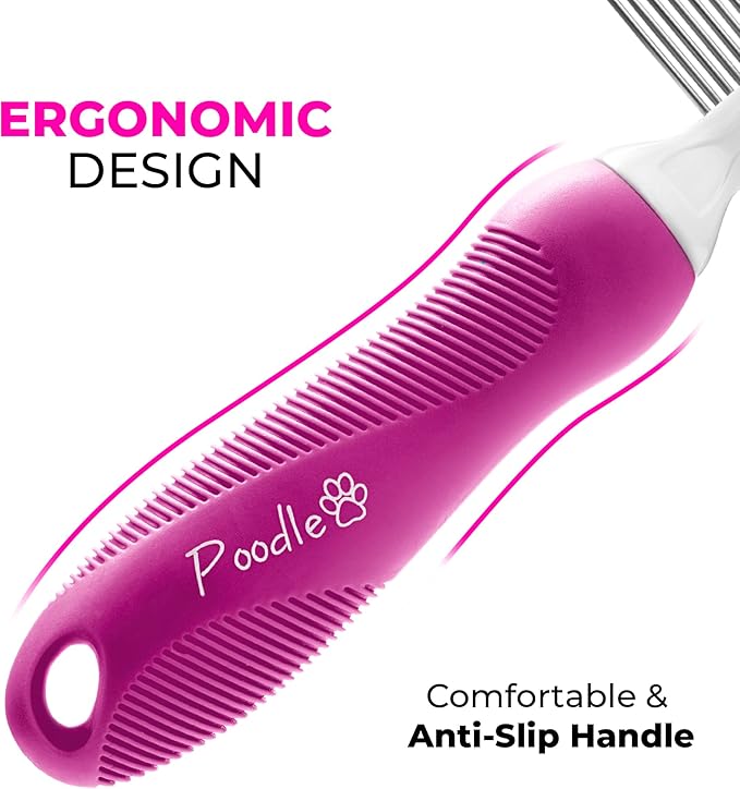 Poodle Pet Detangling Pet Comb with Long & Short Stainless Steel Teeth for Removing Matted Fur, Knots & Tangles – Detangler Tool Accessories for Safe & Gentle DIY Dog & Cat Grooming (Pink)