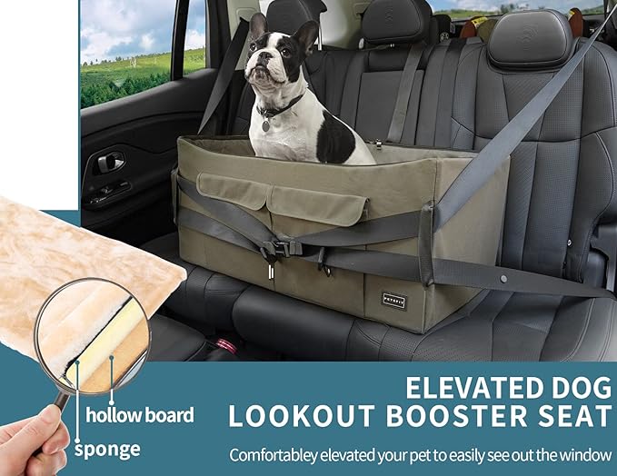 Petsfit Dog Booster Seat for 2 Small Dogs or Medium Dog up to 55 lbs, Large Dog Car Seat with 2 Big Pockets for Cars, Trucks and SUVs (Large, Brown)