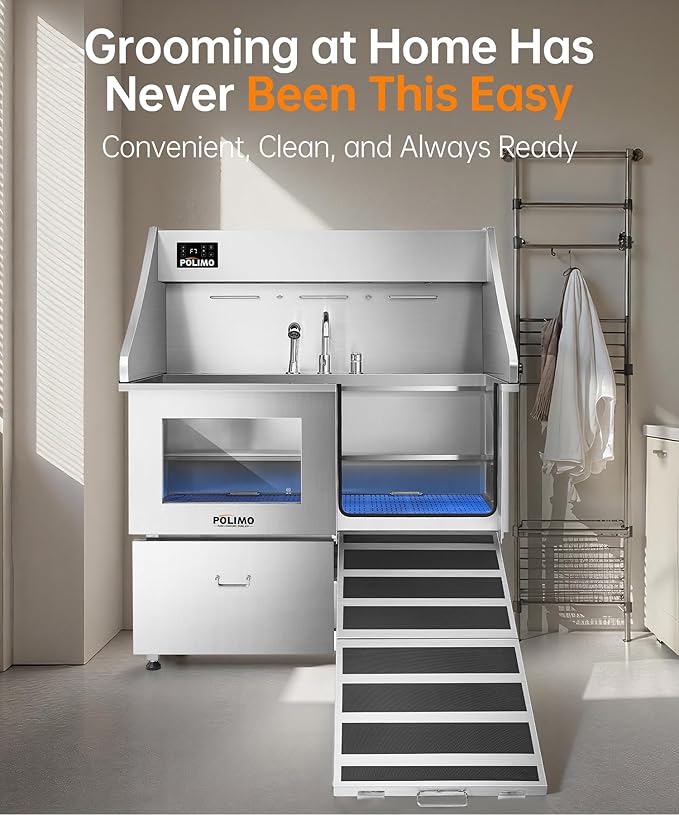 polimo Dog Washing Station with Dryer & LED, Professional Stainless Steel Grooming Tub, Dog Bathtub for Large, Medium & Small Dog, w/Window, Ramp, Drawer, Floor Grate &Fauct (Right RAMP & Dryer, 50")