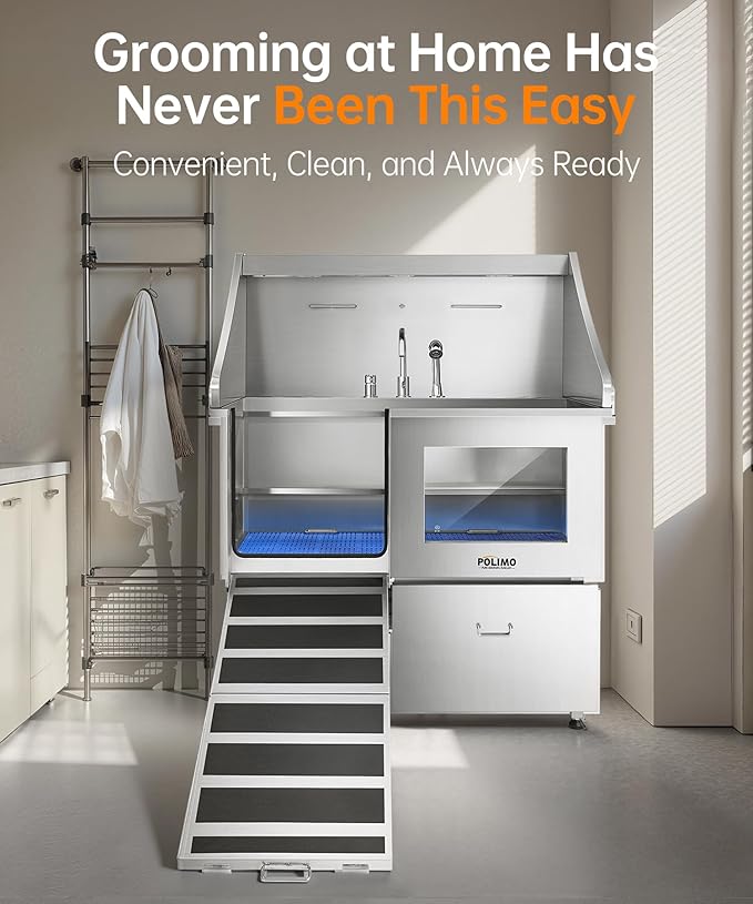 polimo Dog Washing Station, LED Professional Stainless Steel Dog Bathing Station 38", Dog Grooming Tub for Large, Medium & Small Dog - with Window, Ramp, Drawer, Floor Grate & Faucet (Left RAMP, 38")