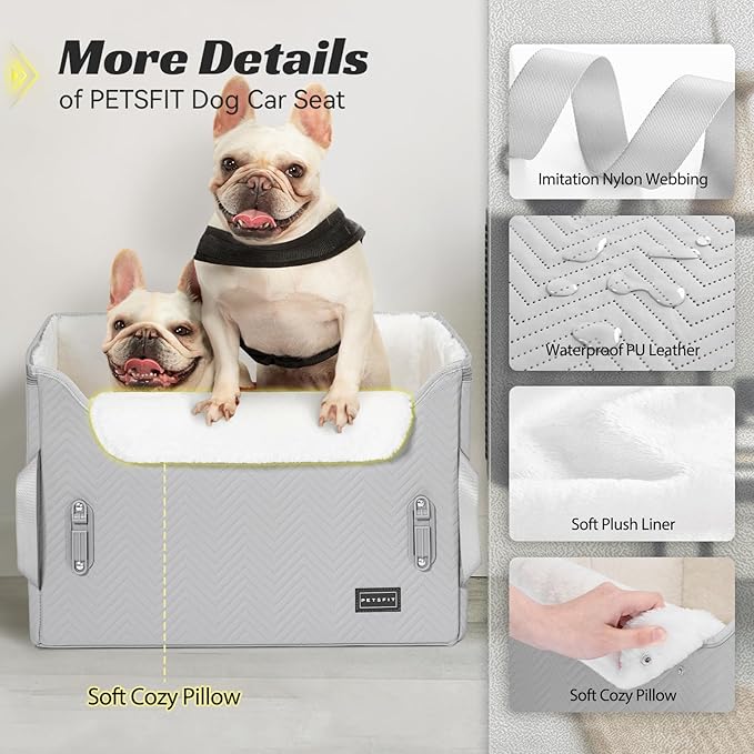 PETSFIT Dog Booster Car Seat, Waterproof PU Leather Car Seat for Dogs with Patented Safe Buckles, 2 Clip-On Safety Leashes, Suitable for 2 Small Dogs or a Medium Dog (Medium, Grey)