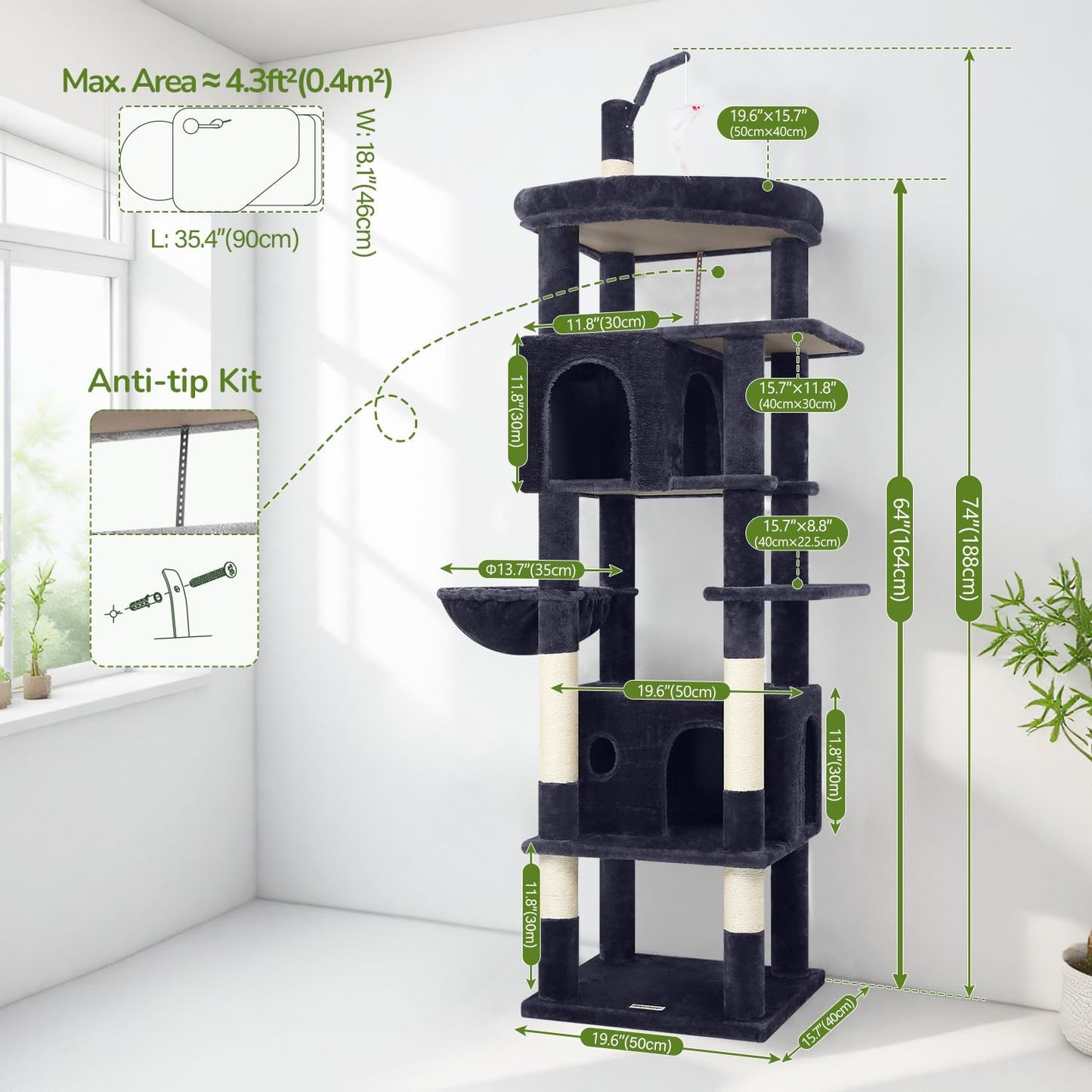 Globlazer Large Cat Tree Tower, Tall Cat Tree Condos for Indoor Cats Large Adult Cat Climbing Tower with 2 Spacious Caves, Oversized Top Perch, Big Hanging Basket, Cat Teaser Wand, F74B, Dark Grey