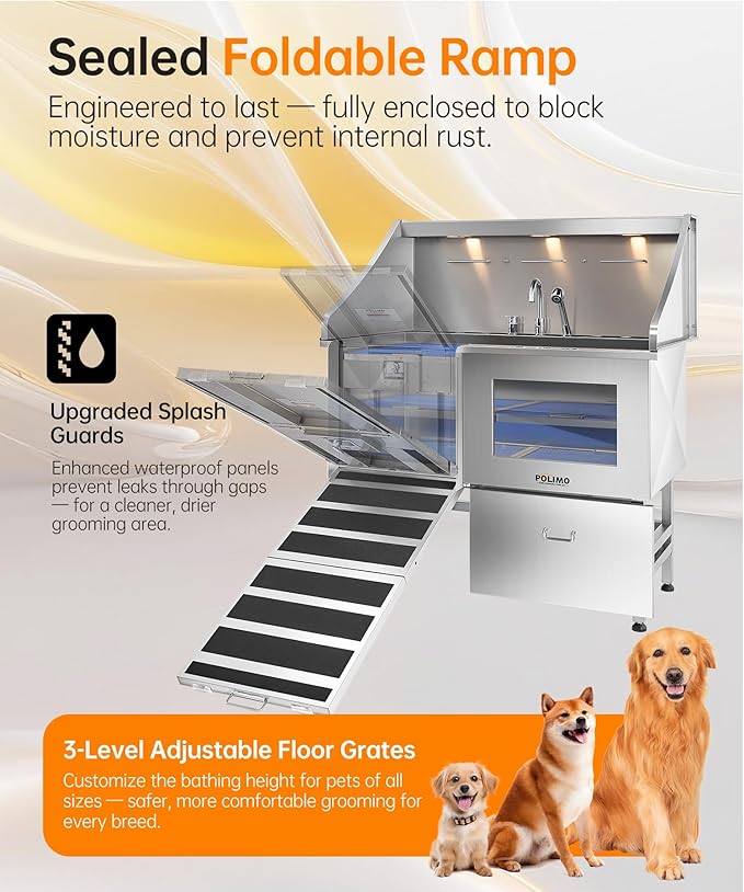 polimo Dog Washing Station, LED Professional Stainless Steel Dog Bathing Station 50", Dog Grooming Tub for Large, Medium & Small Dog - with Window, Ramp, Drawer, Floor Grate & Faucet (Left RAMP, 50")