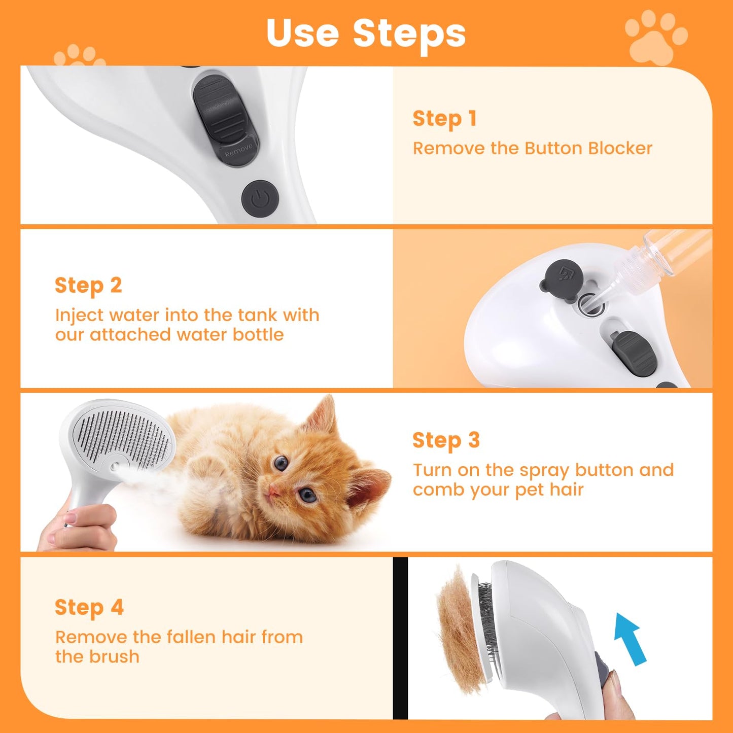 3 in 1 Cat Steam Brush for Cats & Dogs, Pet Spray Hair Removal Comb for Shedding & Grooming, Rechargeable Water Brush for Long & Short Haired Pets with Release Button(White)