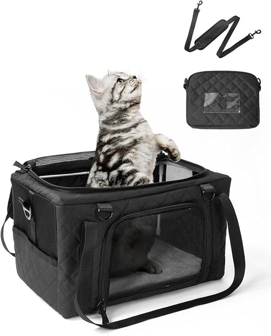 PETUX Small Cat Carrier - Pet Carrier Airline Approved for Kitten Under 10 lb - Escape-Proof, Foldable & Portable Cat Carriers for Travel, Vet Visits with Removable Bag, Safety Buckle & Leash - Black