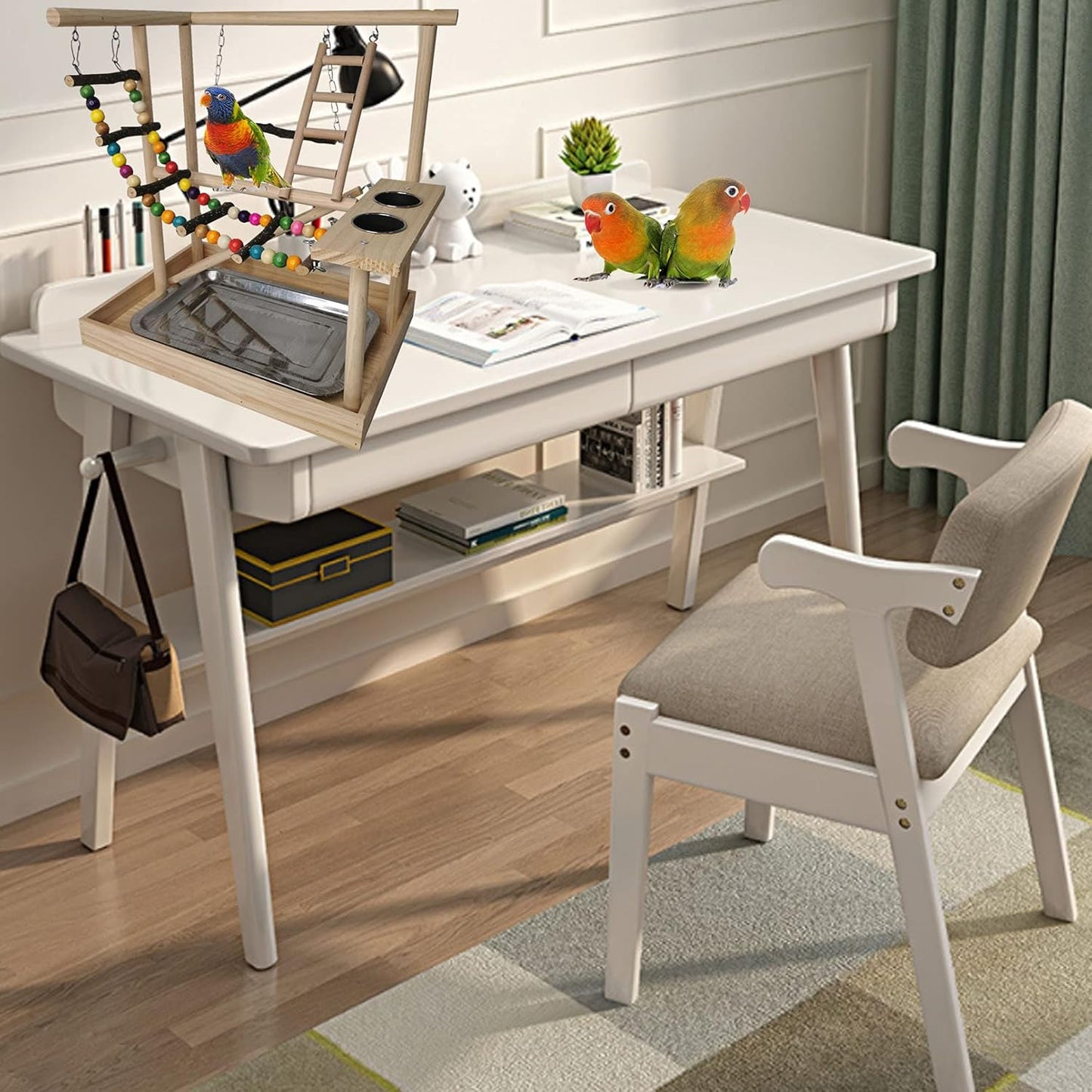 Hamiledyi Parrots Playground Bird Play Gym Wood Perch Stand Colours Climb Ladders Swing Chewing Toys with Parakeet Feeding Cups Exercise Activity Center for Conure Cockatiel Lovebirds(Include a Tray)