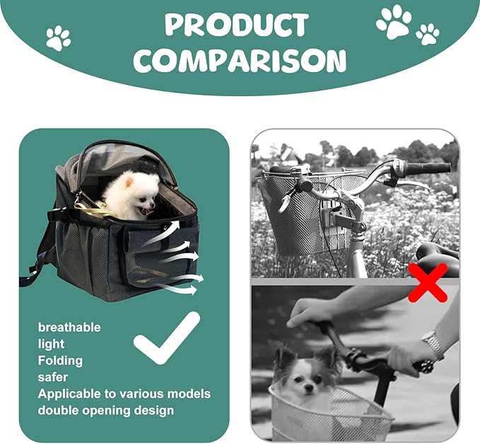 Qivine Dog Bike Basket, Oxford Cloth Dog Basket for Bike with Adjustable Mesh Windows, 11 Lbs Portable Dog Carrier for Bike with Widen Shoulderpad, Bicycle Basket Bag for Dogs and Cats