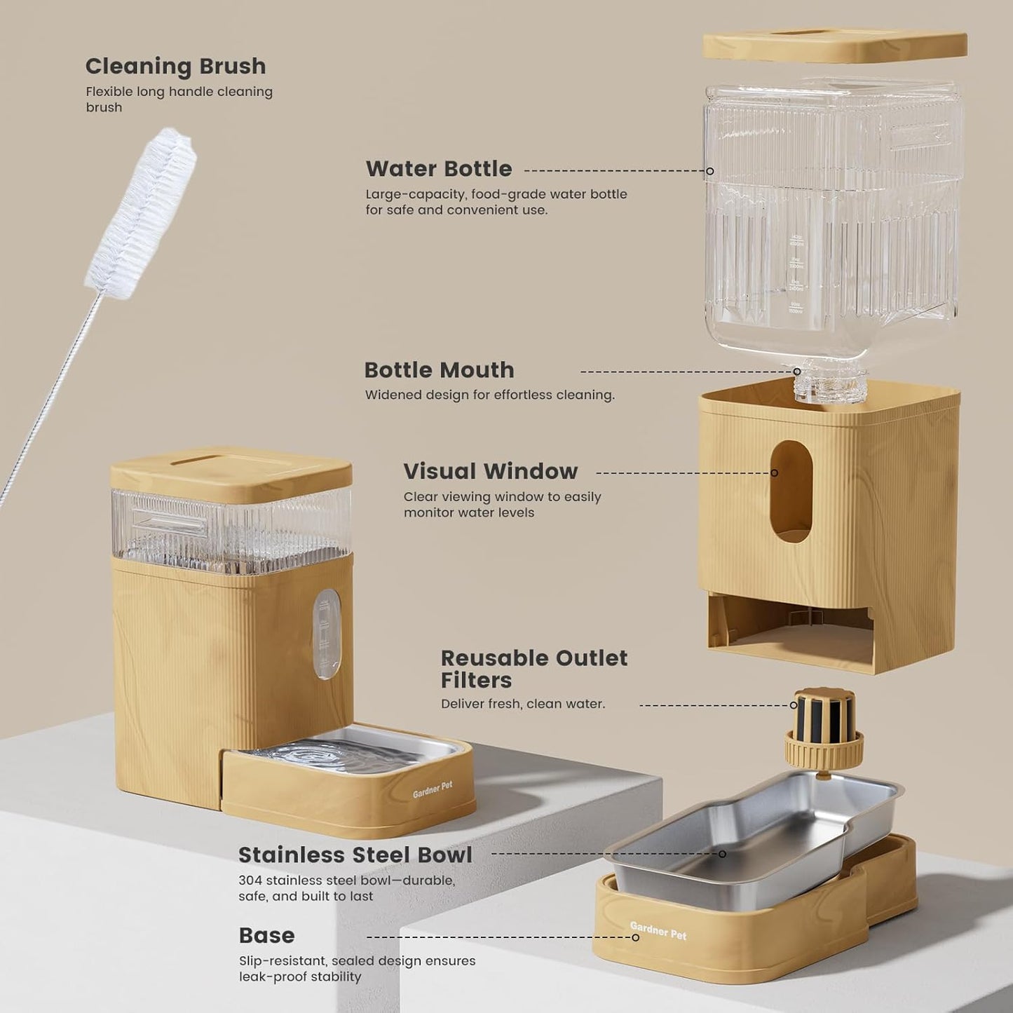 Gardner Pet Automatic Dog Water Dispenser Gravity Waterer with Stainless Steel Bowl Water Dispenser 8.5L Large Capacity Water Feeder for Dogs Cats Pets, BPA-Free Noise-Free (Light Brown, 8.5L)