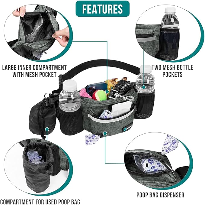 PetAmi Dog Fanny Pack, Treat Pouch for Dog Walking, Training, Built in Poop Bag Dispenser, Water Bottle Holder, Collapsible Bowl, Pet Treat Waist Belt for Hiking, Running, Kibbles (Charcoal)