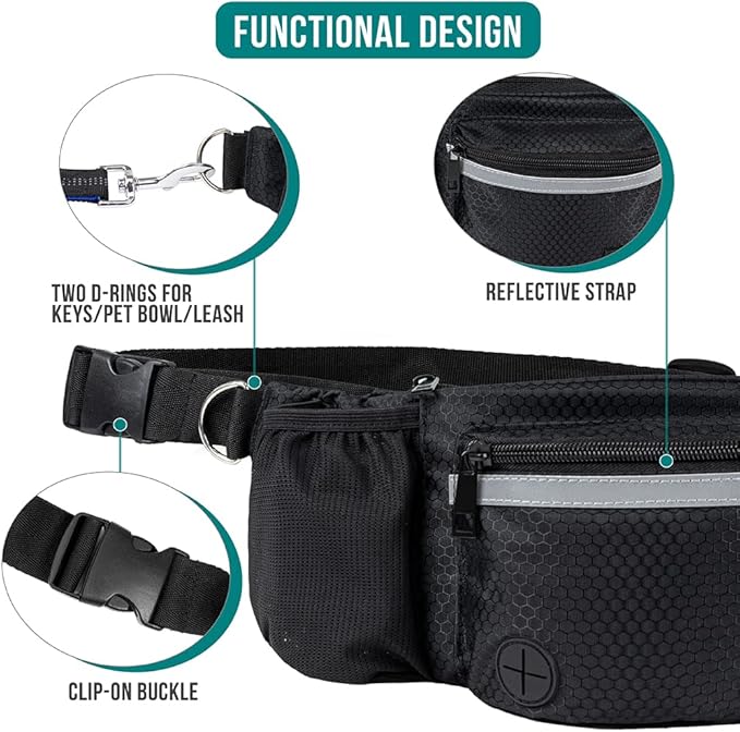 PetAmi Dog Fanny Pack, Treat Pouch for Dog Walking, Training, Built in Poop Bag Dispenser, Water Bottle Holder, Collapsible Bowl, Pet Treat Waist Belt for Hiking, Running, Kibbles (Black)