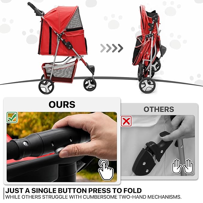 MoNiBloom 3 Wheels Pet Stroller, Foldable Puppy Cage Jogger Stroller with Weather Cover for All-Season, Storage Basket and Cup Holder, Breathable and Visible Mesh for Small/Medium Pets, Red