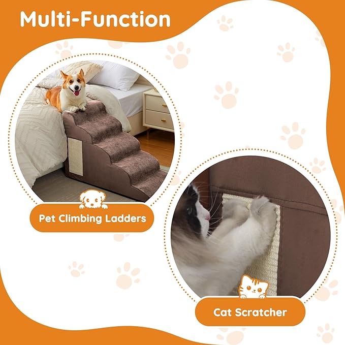 Pet Stairs, Dog Stairs for Small Dogs, Dogs Steps, 3-Step Curved Dog Ramp for Bed, Couch, Sofa, Car and Chair, Non-Slip Bottom Design, Cat Scratching Board, High Density Foam Portable Pet Step, Coffee