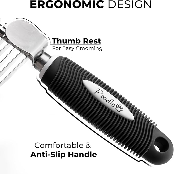 Poodle Dematting Fur Rake Comb Brush for Dogs and Cats - Long 2.5" Steel Safety Blades Metal Comb for Detangling Matted or Knotted Undercoat Hair