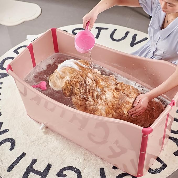 Portable Dog Bathtub for Large Dogs - 48.4Gal Foldable Pet Wash Station with Drain Plug, Insulated & Non-Slip Design for Indoor/Outdoor Bathing, Grooming, Camping(Pink)