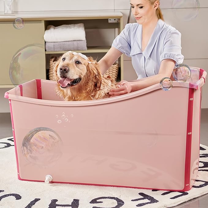 Portable Dog Bathtub for Large Dogs - 48.4Gal Foldable Pet Wash Station with Drain Plug, Insulated & Non-Slip Design for Indoor/Outdoor Bathing, Grooming, Camping(Pink)