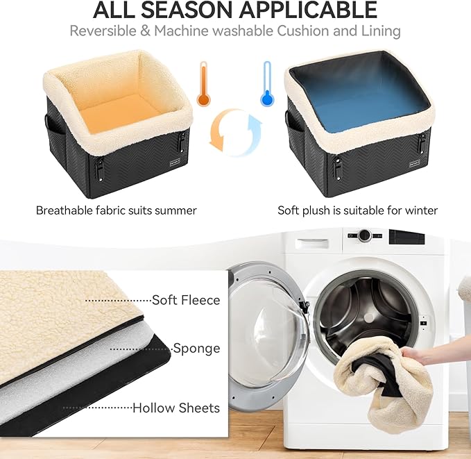 PETSFIT Small Dog Car Seat, Waterproof PU Leather Dog Booster Car Seat with Patented Safe Buckles, Detachable Dogs Seat Belt for Car, Dog Car Seat Medium Sized Dog up to 30 lbs (Black)