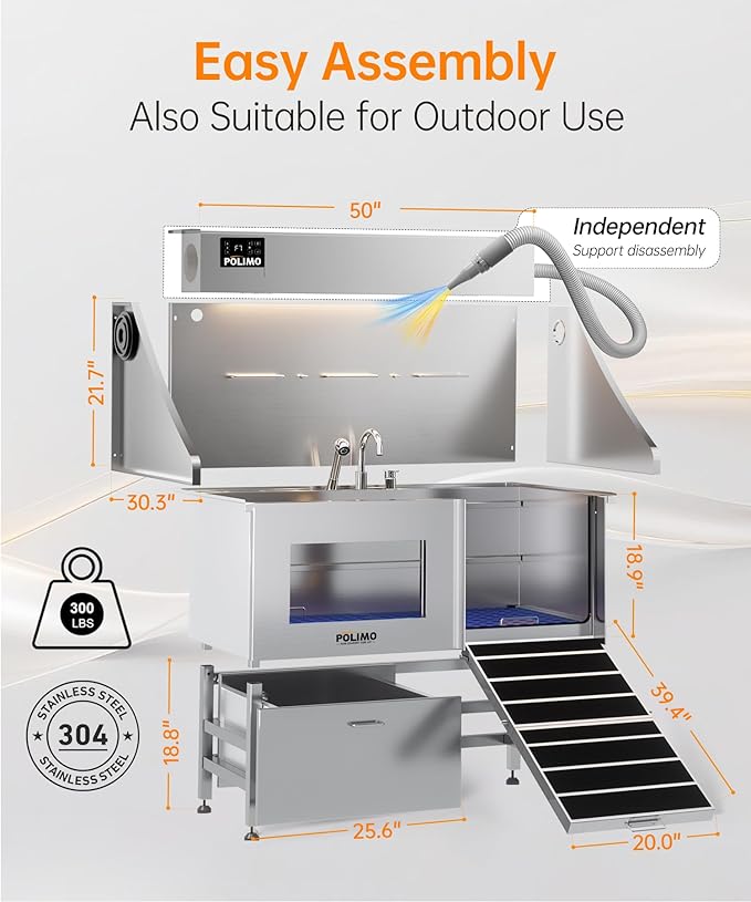 polimo Dog Washing Station with Dryer & LED, Professional Stainless Steel Grooming Tub, Dog Bathtub for Large, Medium & Small Dog, w/Window, Ramp, Drawer, Floor Grate &Fauct (Right RAMP & Dryer, 50")