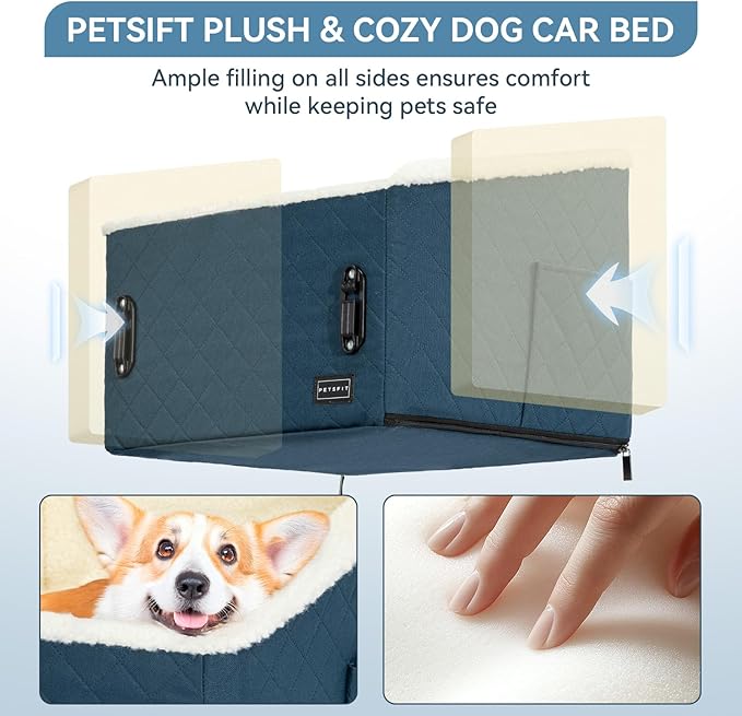 PETSFIT Pet Car Seat for Small Dogs, Soft Foam Dog Booster Car Seat with Patented Safety Buckles, Storage Pockets and Detachable Clip-On Safety Leash, Dog Carseat for Small Dogs Under 30 LBS (Blue)