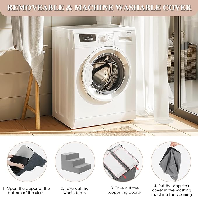 GGIB Dog Stairs for Small Dogs Cats Non-Slip Dog Steps for High Bed Pet Stairs for Sofa Couch Pet Ramp Pet Steps with Removable Washable Cover, Grey, 13" H, 3-Step