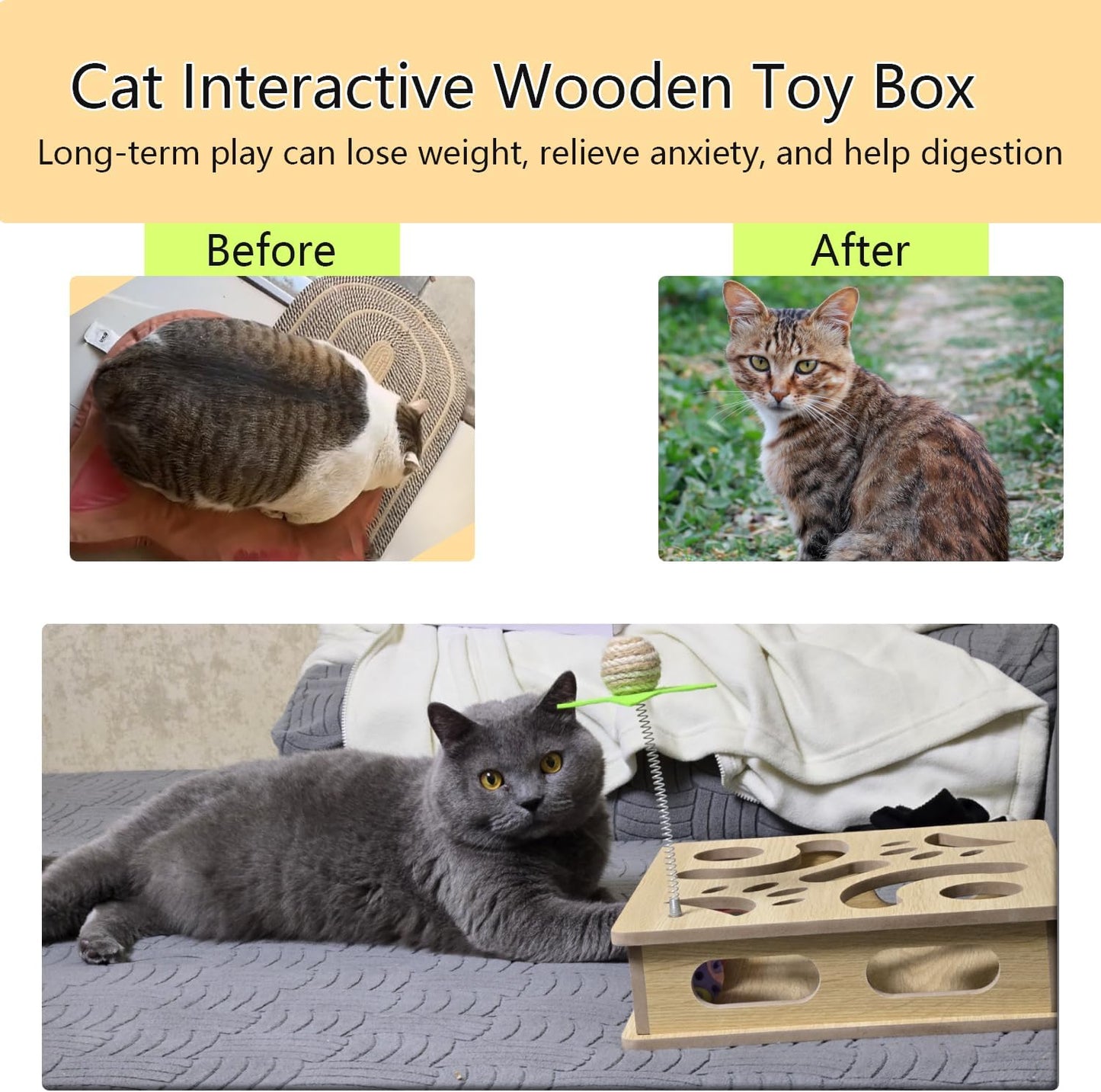 Interactive Wooden Cat Puzzle Toy Box Indoor Hunting Play Toy to Stimulate Your Cat’s Energy and Instincts (White)