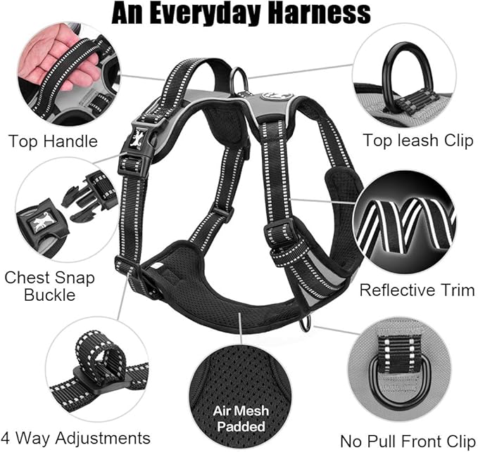 PoyPet No Pull Dog Harness, Reflective Comfortable Vest Harness with Front & Back 2 Leash Attachments and Easy Control Handle Adjustable Soft Padded Pet Vest for Small to Large Dogs (Gray,XL)