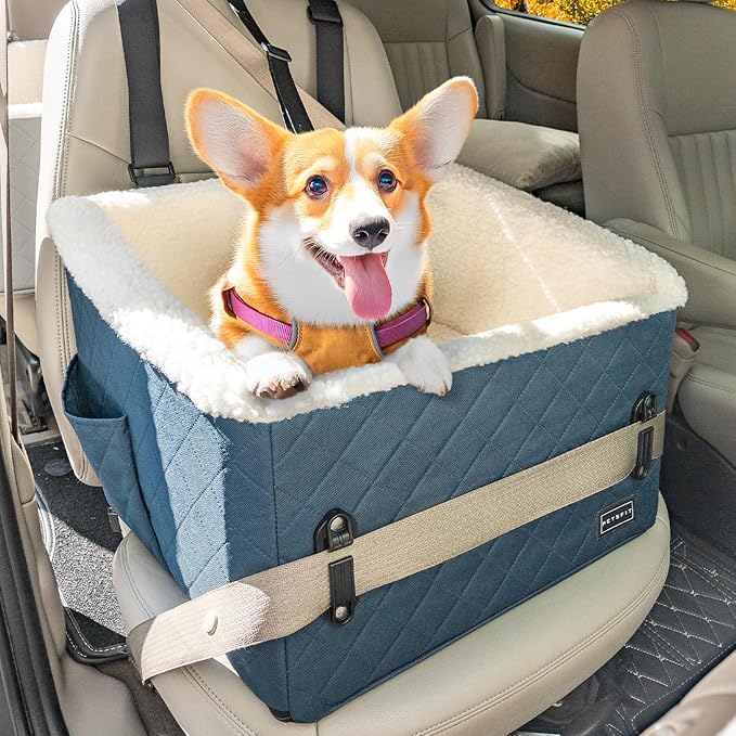PETSFIT Pet Car Seat for Small Dogs, Soft Foam Dog Booster Car Seat with Patented Safety Buckles, Storage Pockets and Detachable Clip-On Safety Leash, Dog Carseat for Small Dogs Under 30 LBS (Blue)